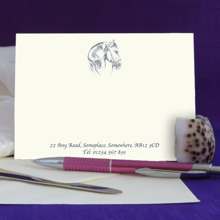 Personalised Correspondence Cards Horse Design 2 on Ivory Card. Available in Black, Burgundy, Brown and Green Print .
